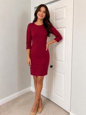 Old Navy Burgundy Midi Sheath Dress 3/4 Sleeve Back Zip Size M